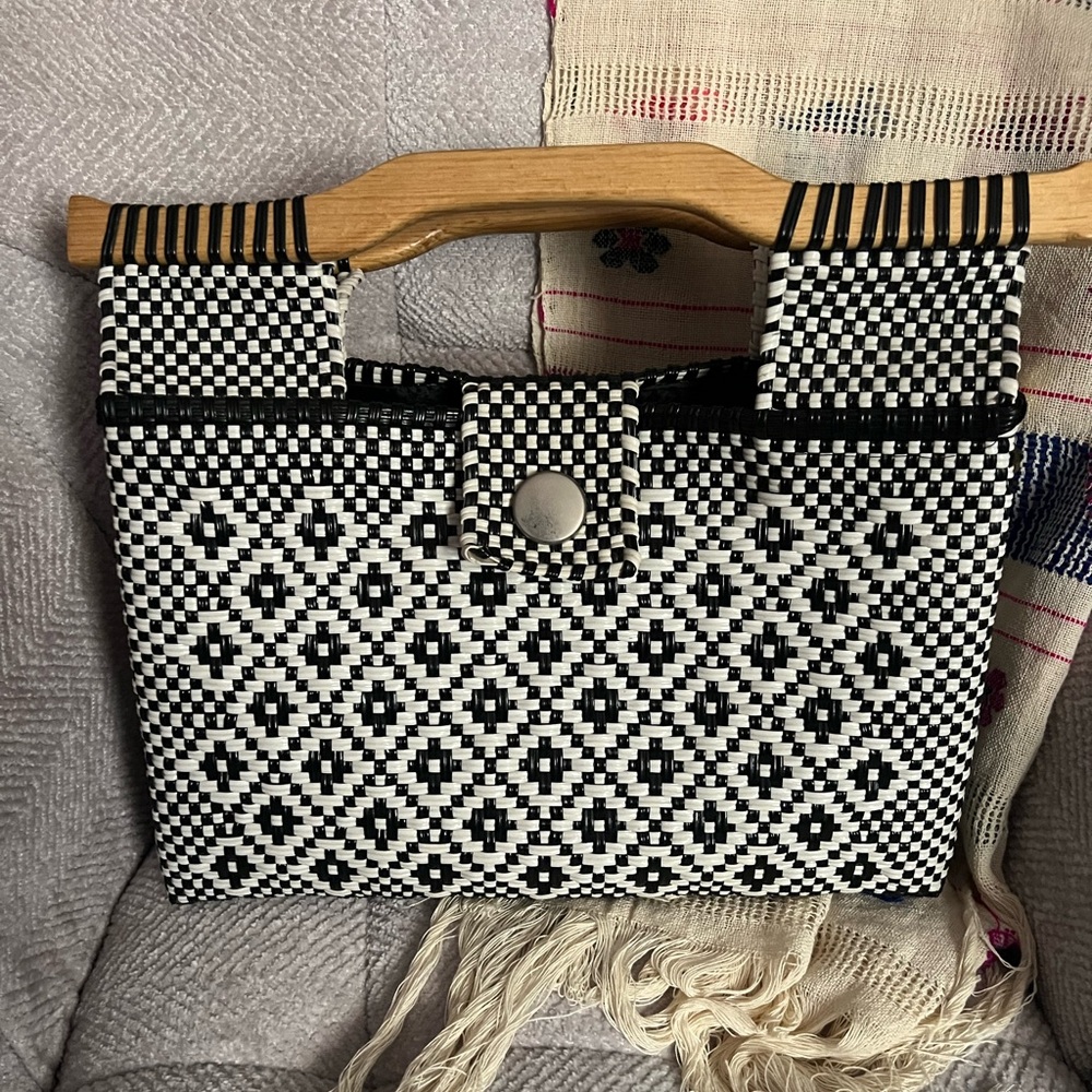 Handwoven Wood Handle Plastic Bag
